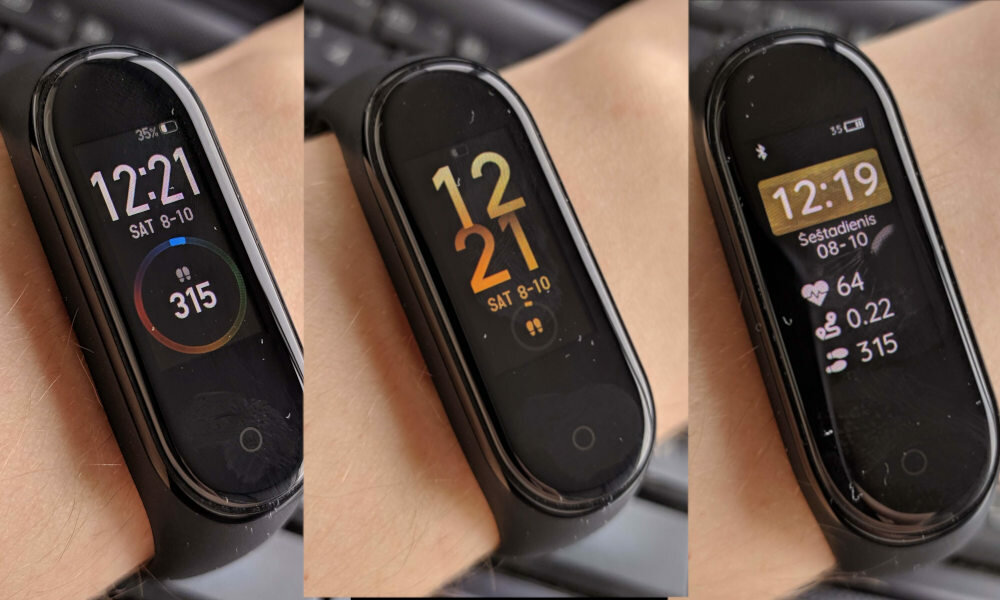 Spalvotas „Mi Band 4“ ekranas su keičiamu pradinio ekrano stiliumi